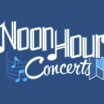 White text on a blue background reads "Noon Hour Concerts", with the Hamilton Public Library logo. Music notes are used to form some of the letters.